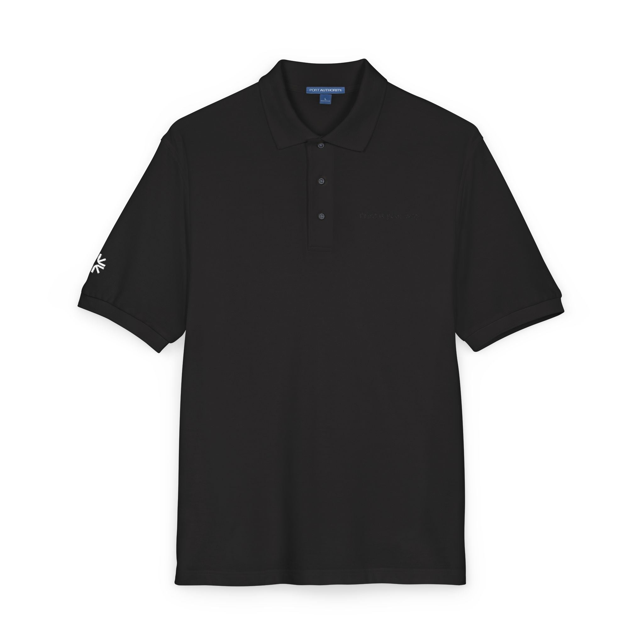 Embroidered Polo Shirt — Minimal "Point & Gaze Away" Chest Text