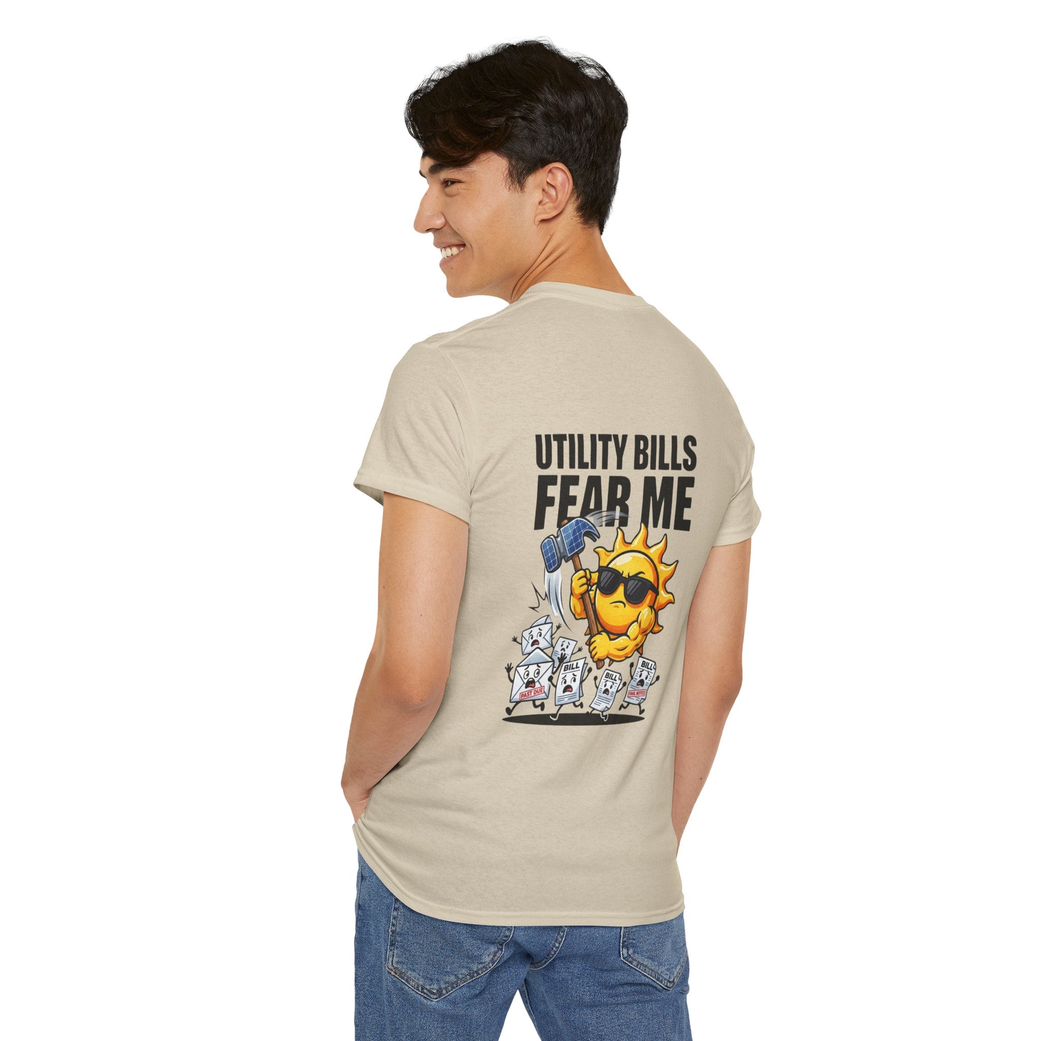 Utility Bills Fear Me T‑Shirt — DSP Graphic Tee (Funny Sun Cartoon)
