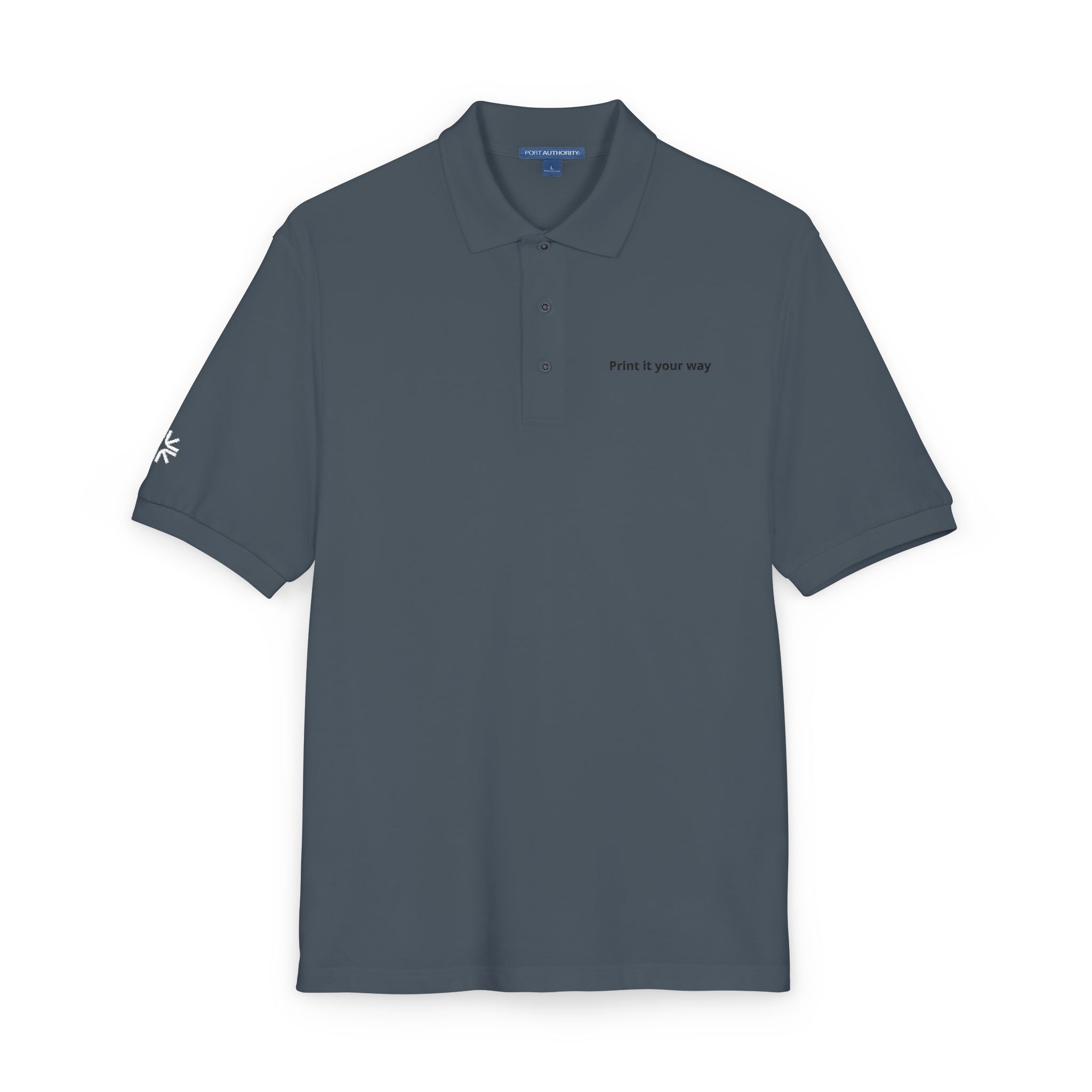 Embroidered Polo Shirt — Minimal "Point & Gaze Away" Chest Text